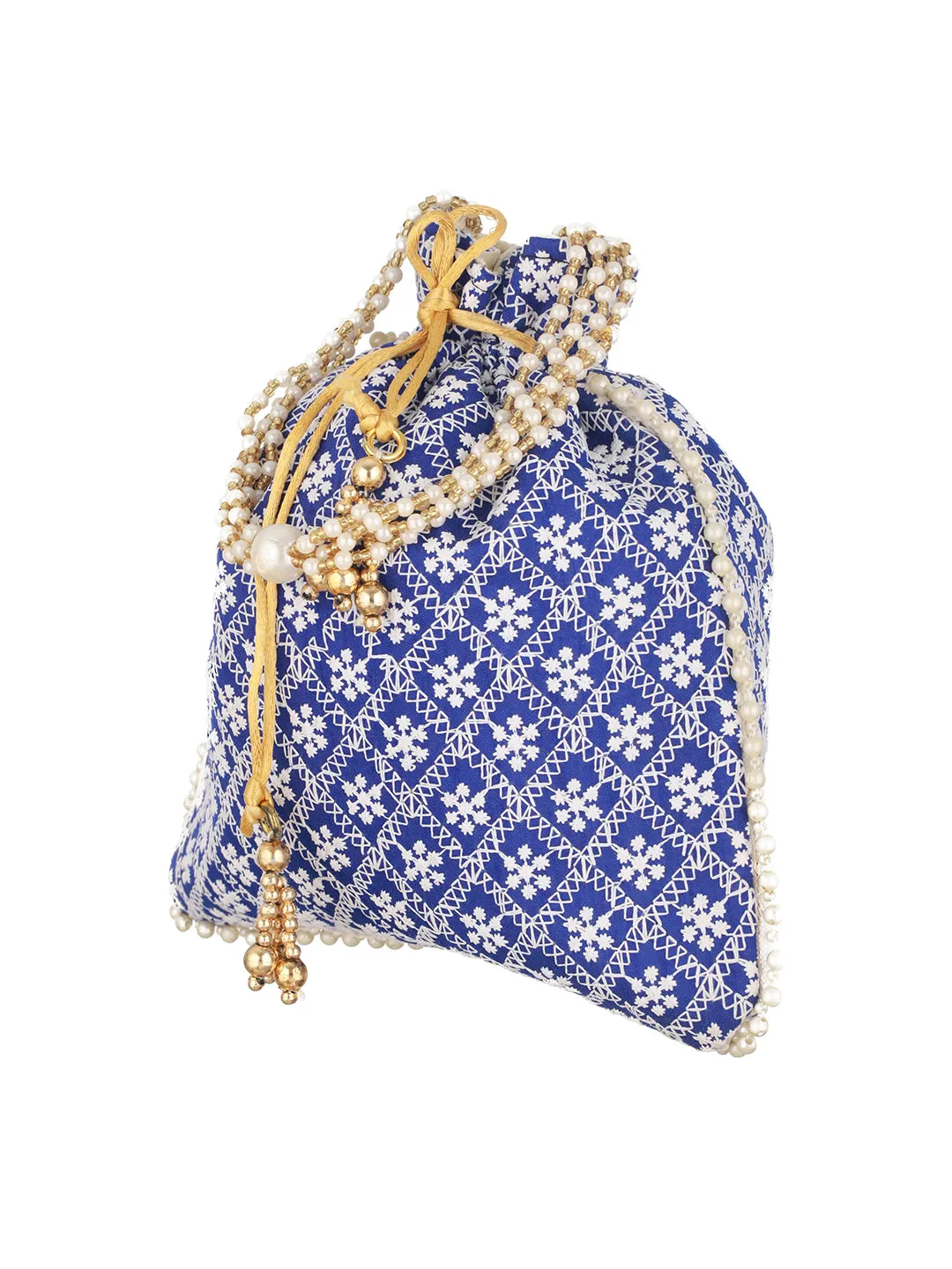 Blue & Gold-Toned Chikan Embroidered Work Potli Clutch