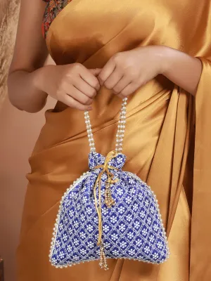 Blue & Gold-Toned Chikan Embroidered Work Potli Clutch