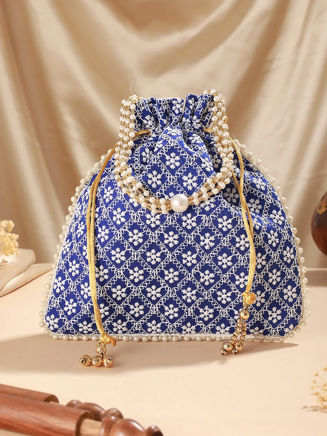Blue & Gold-Toned Chikan Embroidered Work Potli Clutch