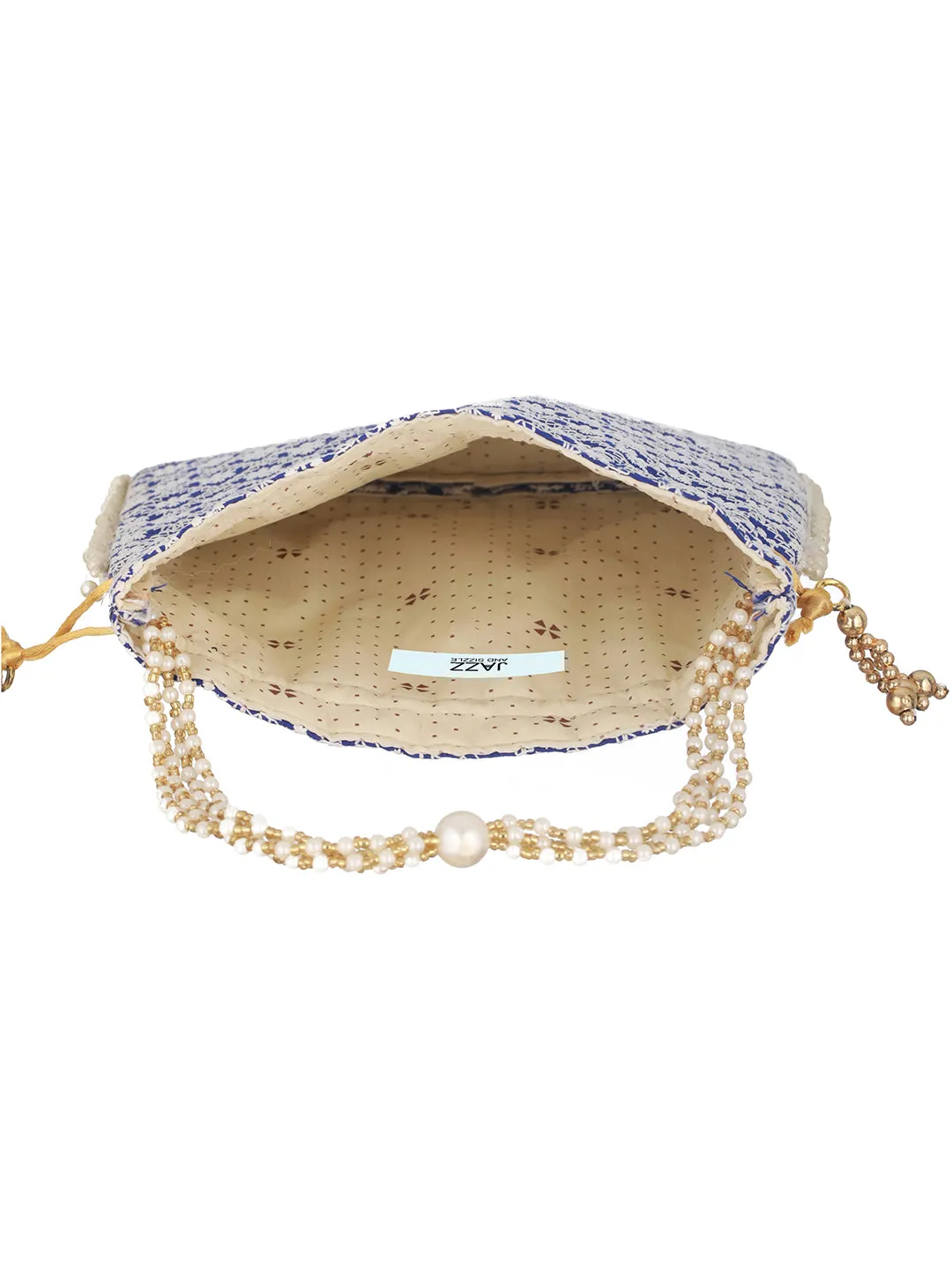 Blue & Gold-Toned Chikan Embroidered Work Potli Clutch