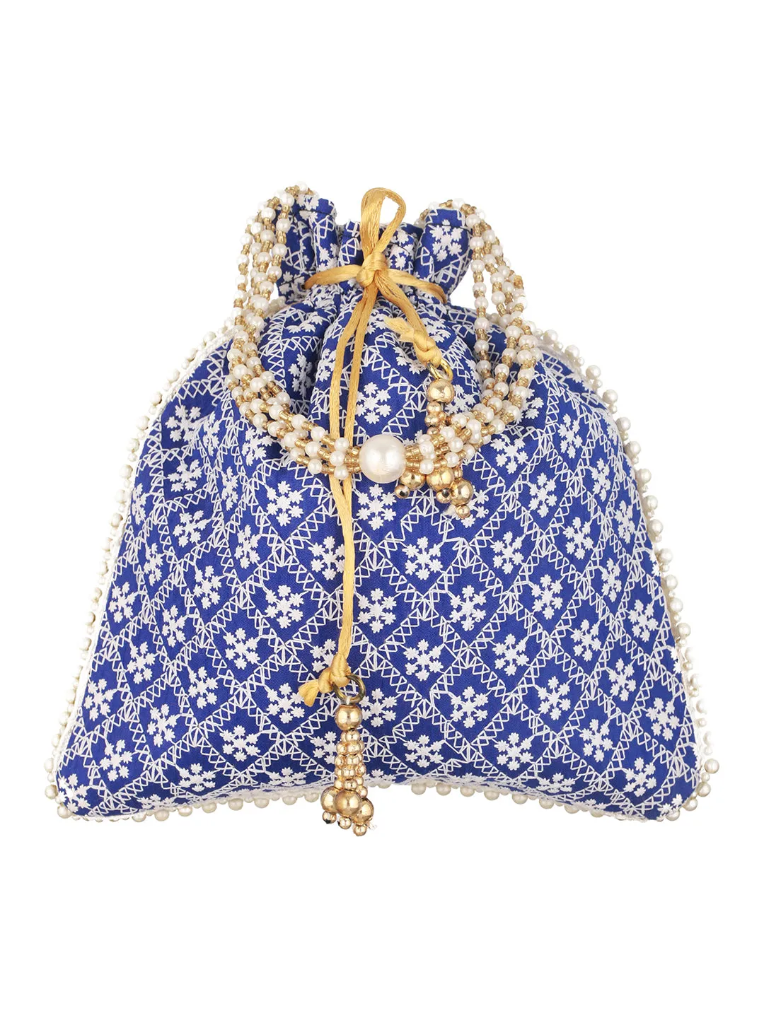 Blue & Gold-Toned Chikan Embroidered Work Potli Clutch