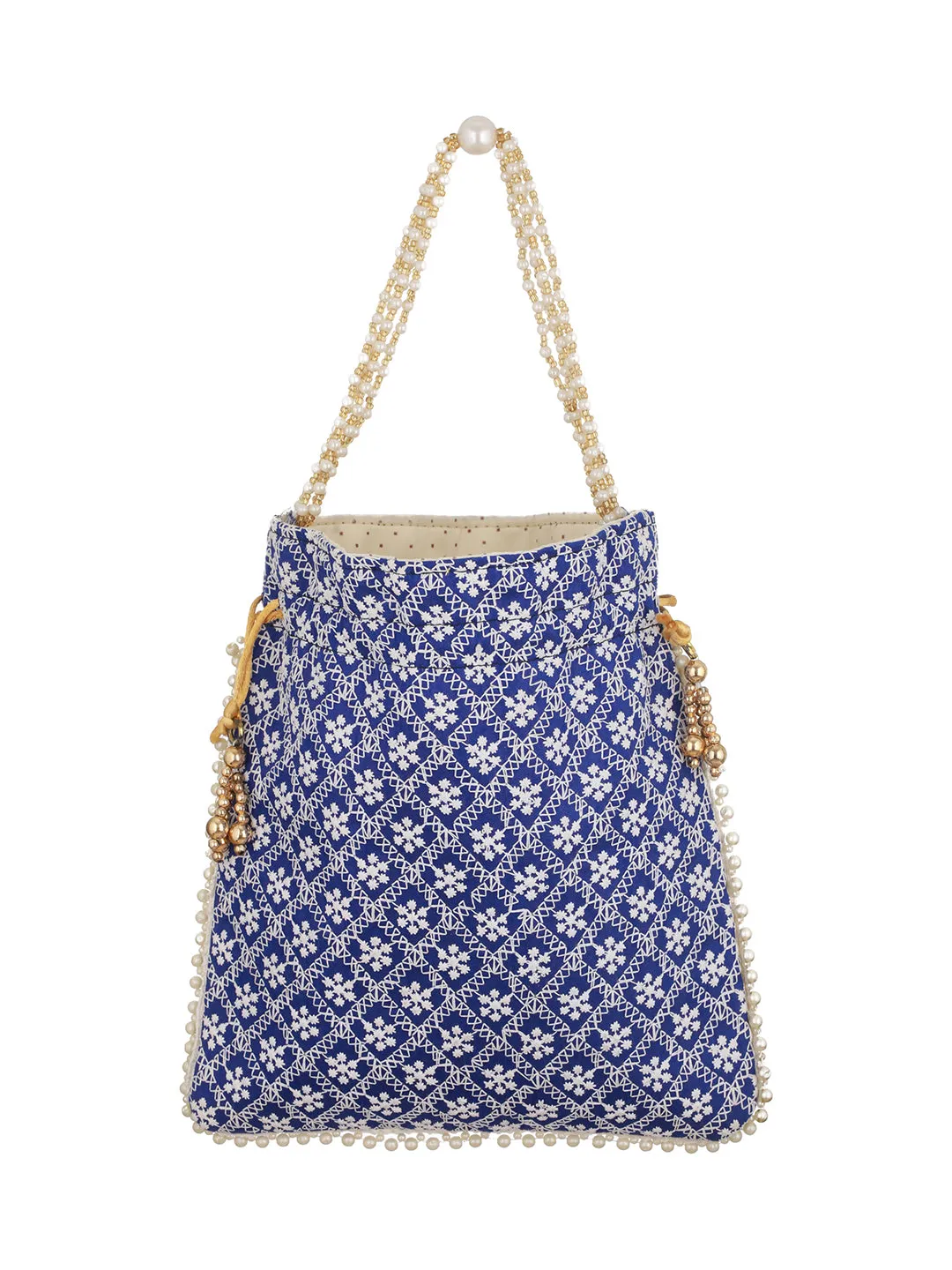 Blue & Gold-Toned Chikan Embroidered Work Potli Clutch