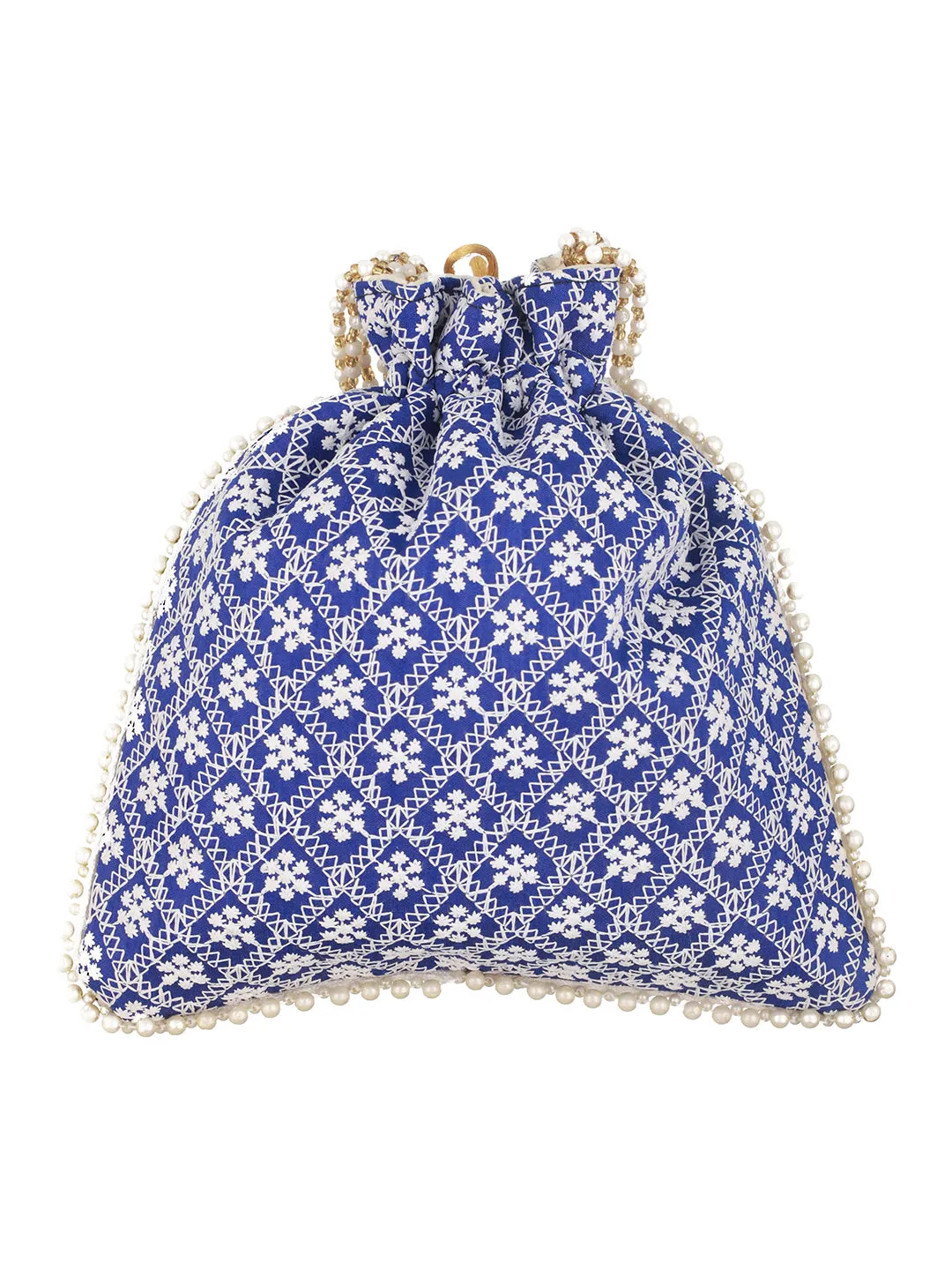 Blue & Gold-Toned Chikan Embroidered Work Potli Clutch