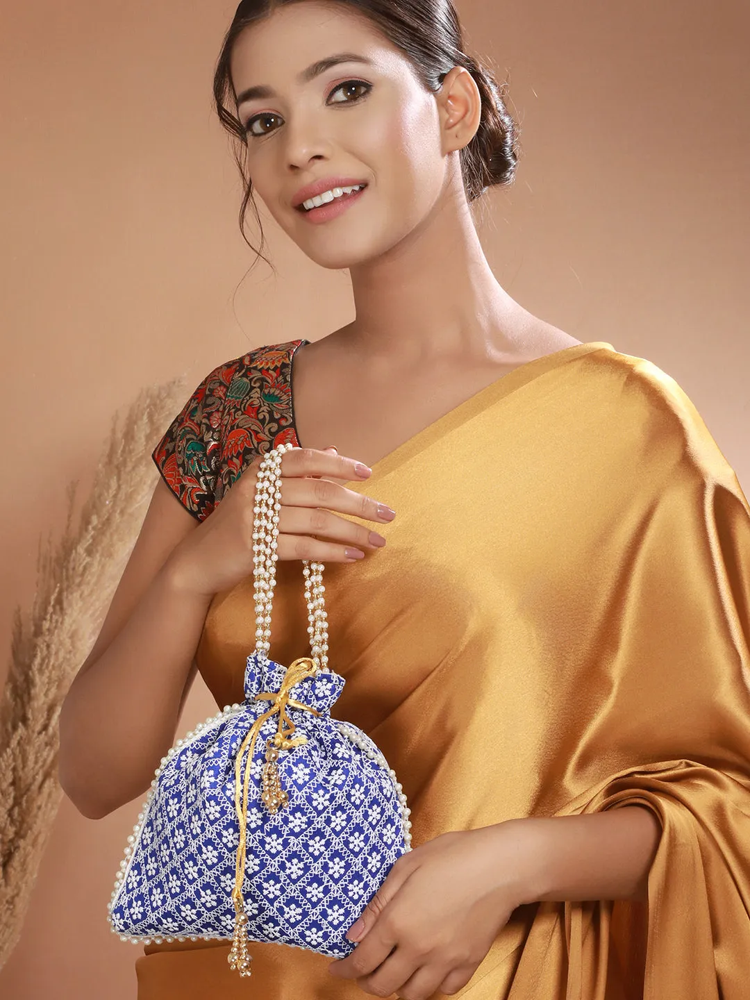 Blue & Gold-Toned Chikan Embroidered Work Potli Clutch