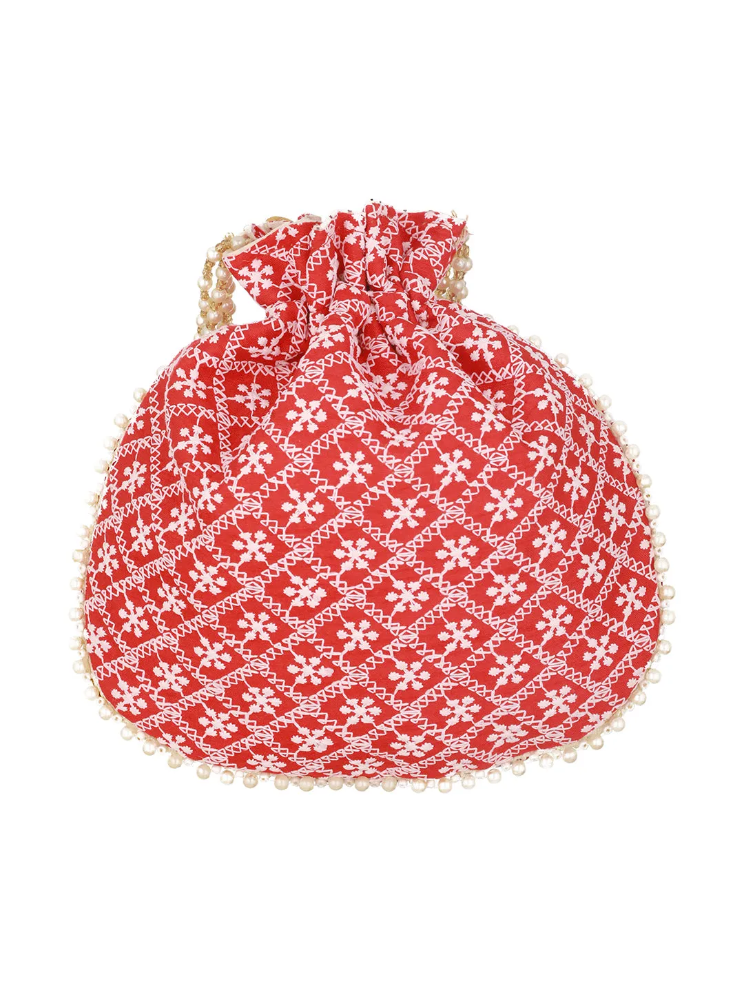 Red & Gold-Toned Chikan Embroidered Work Potli Clutch