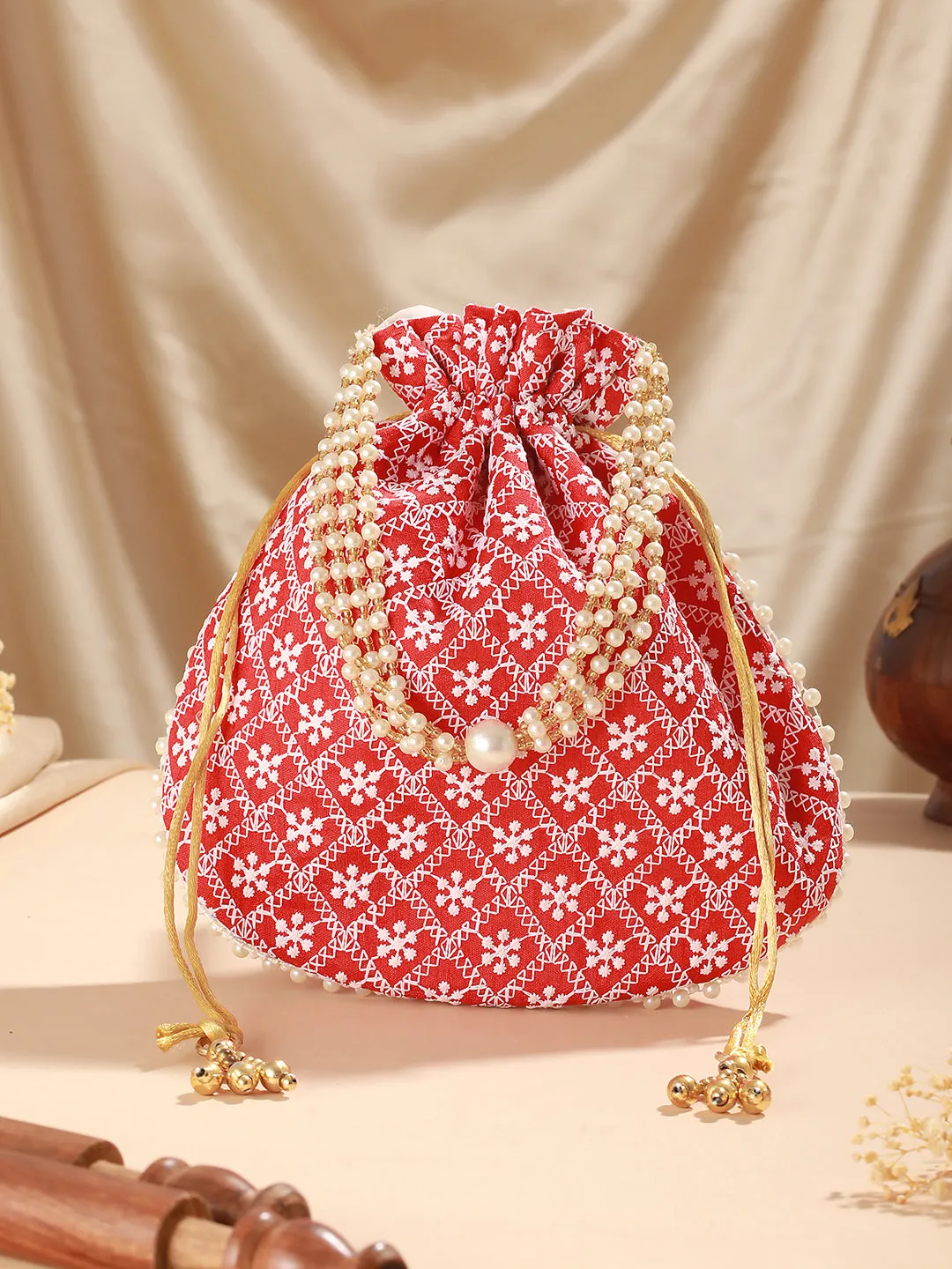 Red & Gold-Toned Chikan Embroidered Work Potli Clutch
