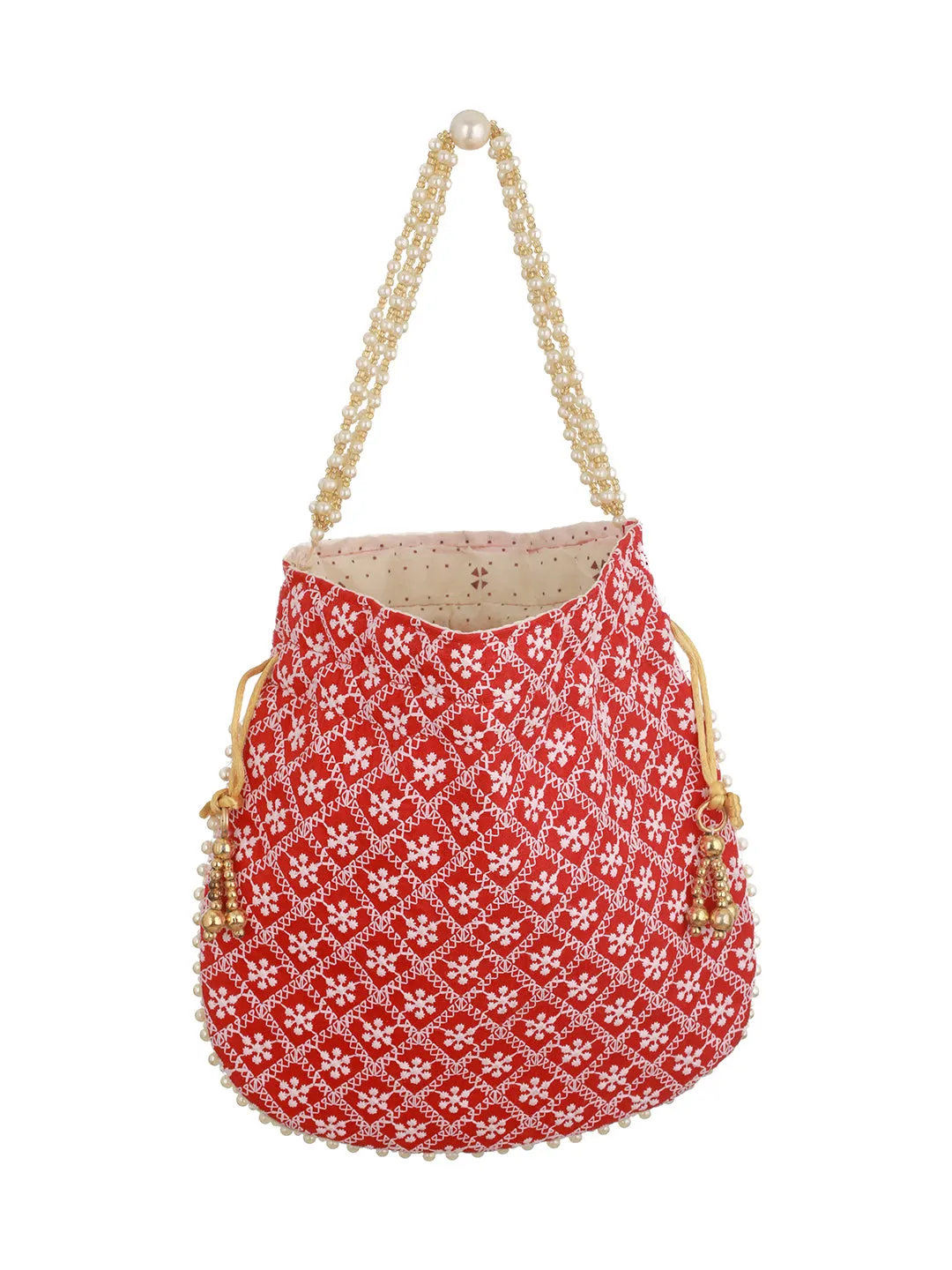 Red & Gold-Toned Chikan Embroidered Work Potli Clutch