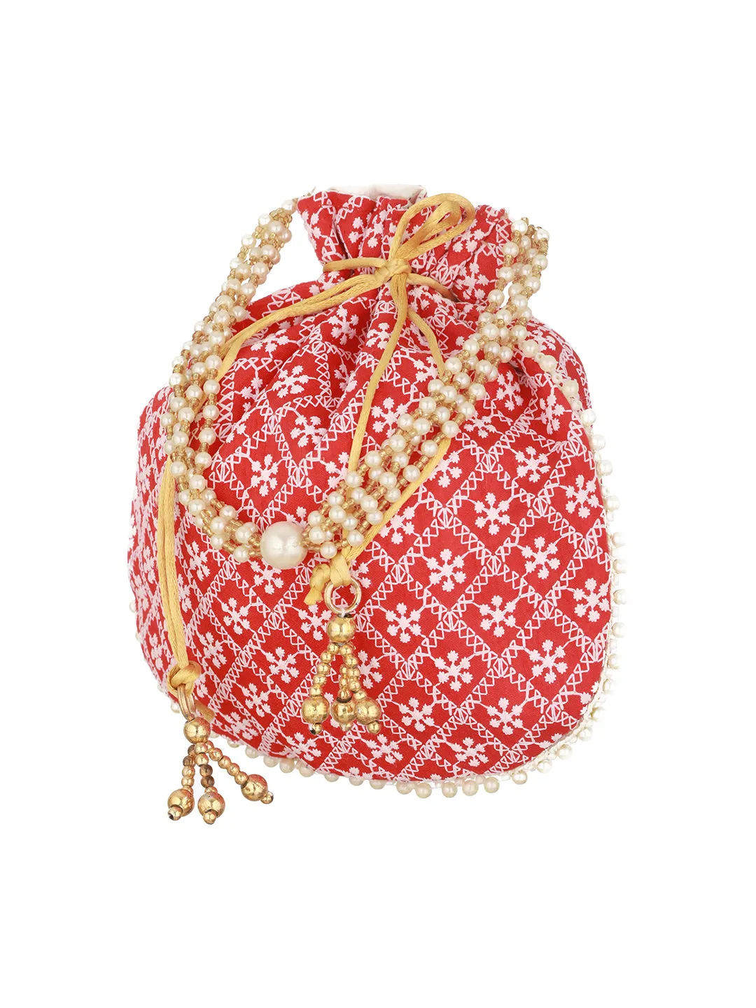 Red & Gold-Toned Chikan Embroidered Work Potli Clutch