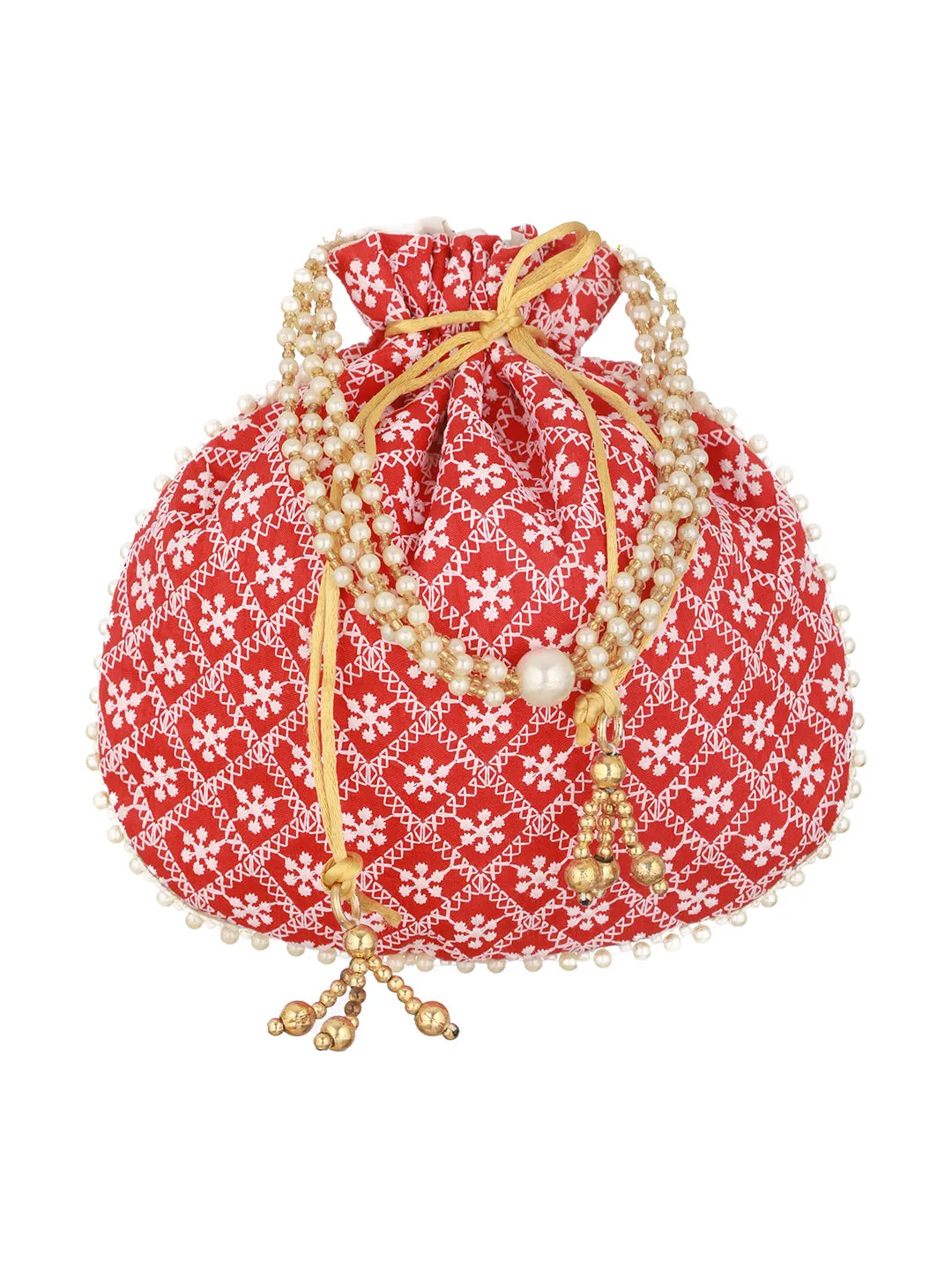 Red & Gold-Toned Chikan Embroidered Work Potli Clutch