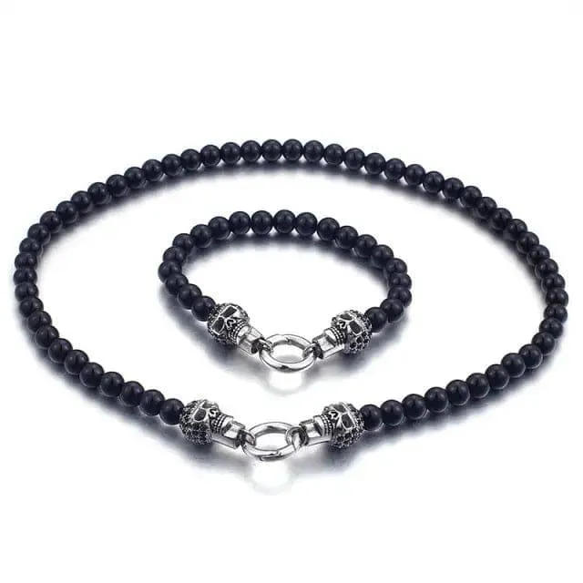 Skull Necklace And 220MM Bracelet Set 19MM Width Beaded Chain Punk Cool