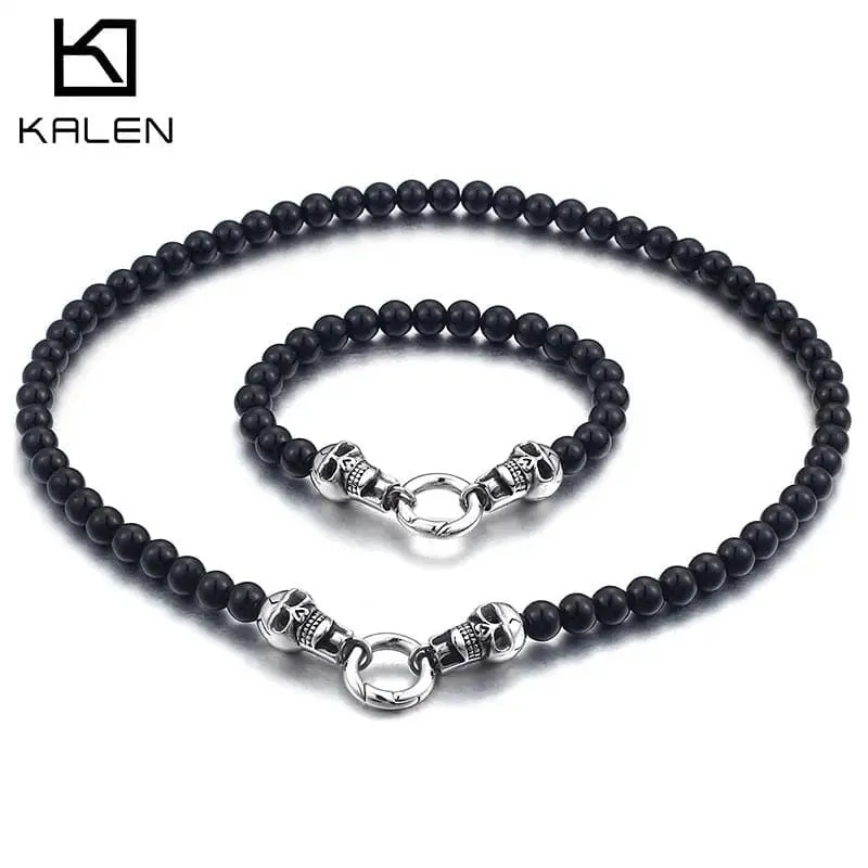 Skull Necklace And 220MM Bracelet Set 19MM Width Beaded Chain Punk Cool